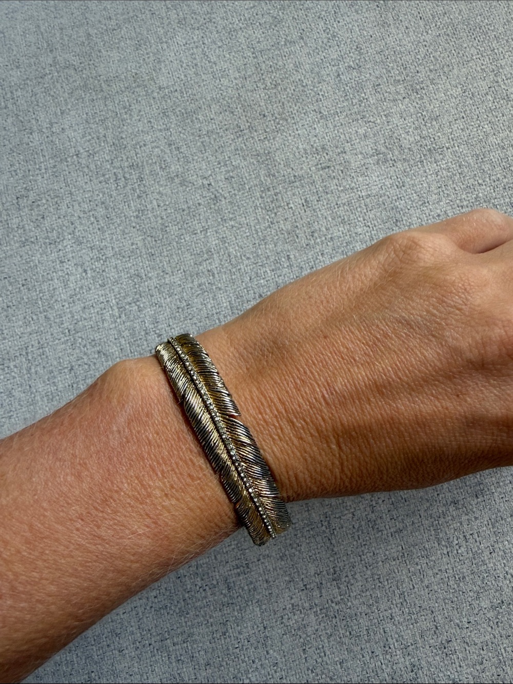 Anthropologie Two-Tone Feather Cuff Bracelet in Gold and Silver